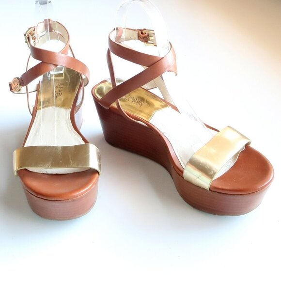 Michael Kors Brown & Gold Platform Wedge Strappy Open Toe Sandals / Summer Shoes - Picture 11 of 16